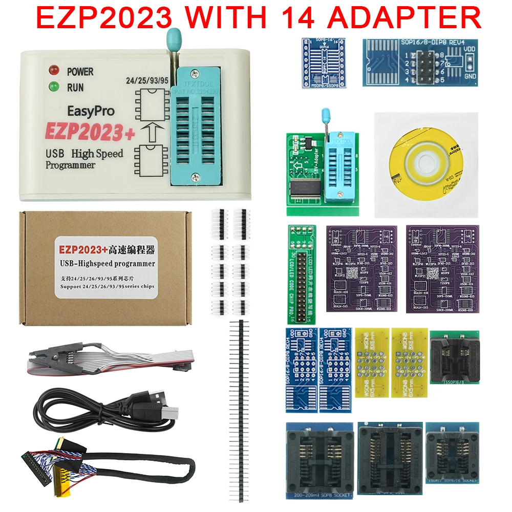 Programador SPI USB EZP2023 + 14 adaptador compatible con 24 25 93 95 EEPROM Flash Bios Minipro programador CH554T 22 en 1 SMD