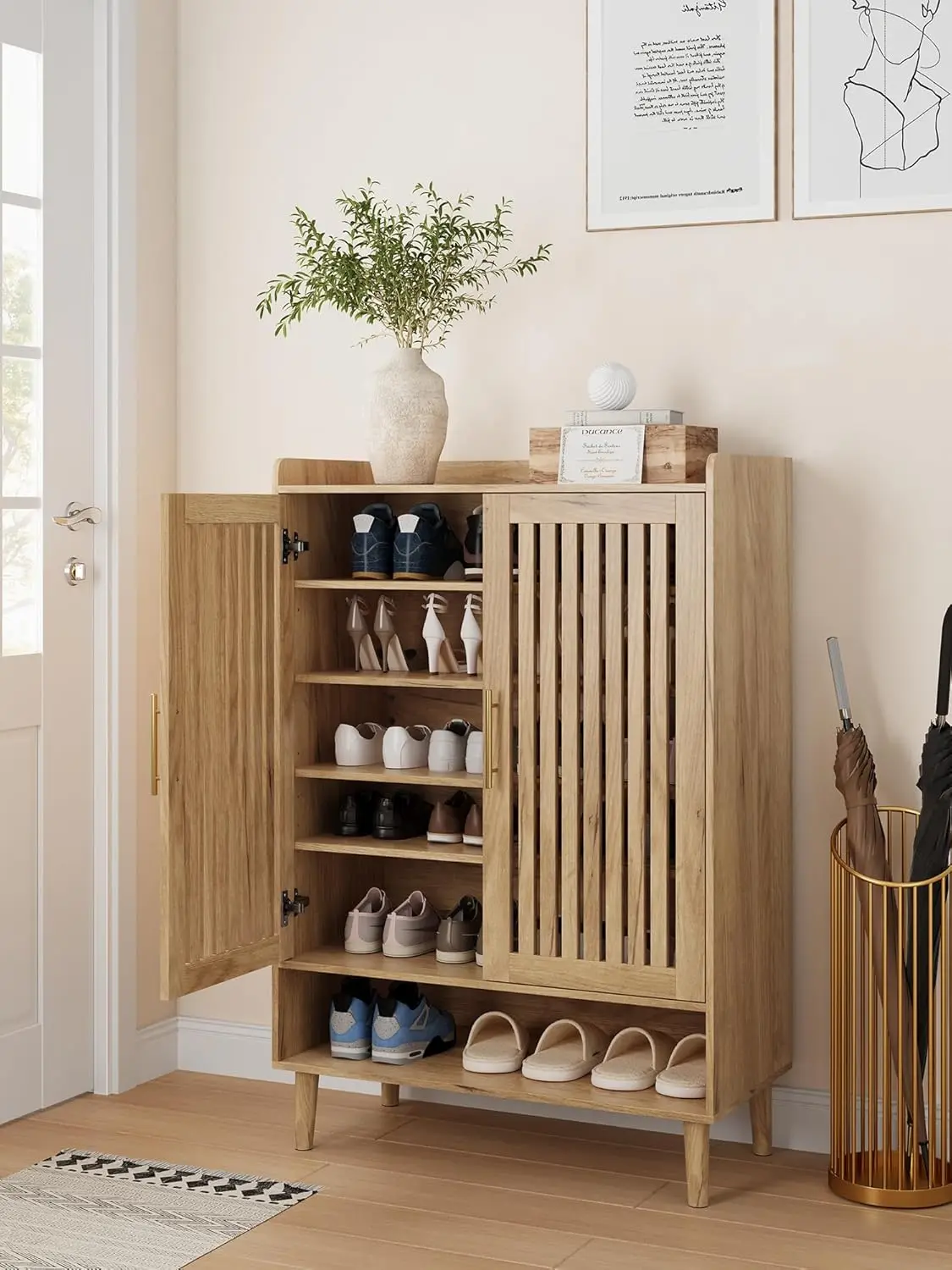 

Wooden Shoe Storage Cabinet 6 Tier Entryway Organizer Natural Oak
