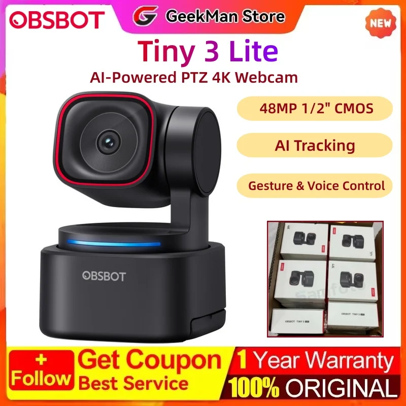 OBSBOT Tiny 3 Lite 4K AI Webcam with PTZ
