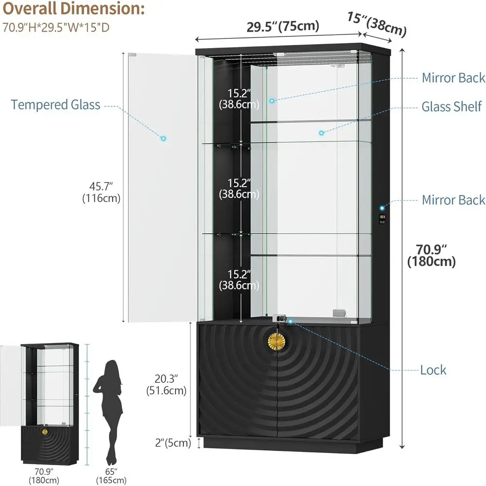 71 Glass Display Cabinet, 4-Tier Curio with 3-Color LED Lights, Lockable, Sensor-Activated, Tall Bookcase with Shelves & Door view 2