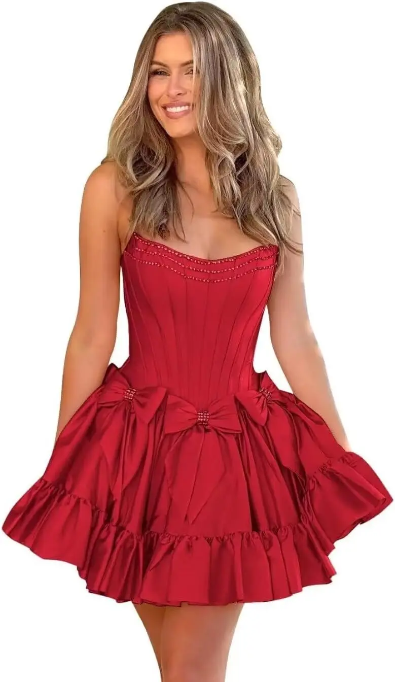 

Strapless Satin Corset Homecoming Dresses Sparkly Rhinestone Dresses Short Prom Dress Ball Gown with Bow Above Knee , Mini