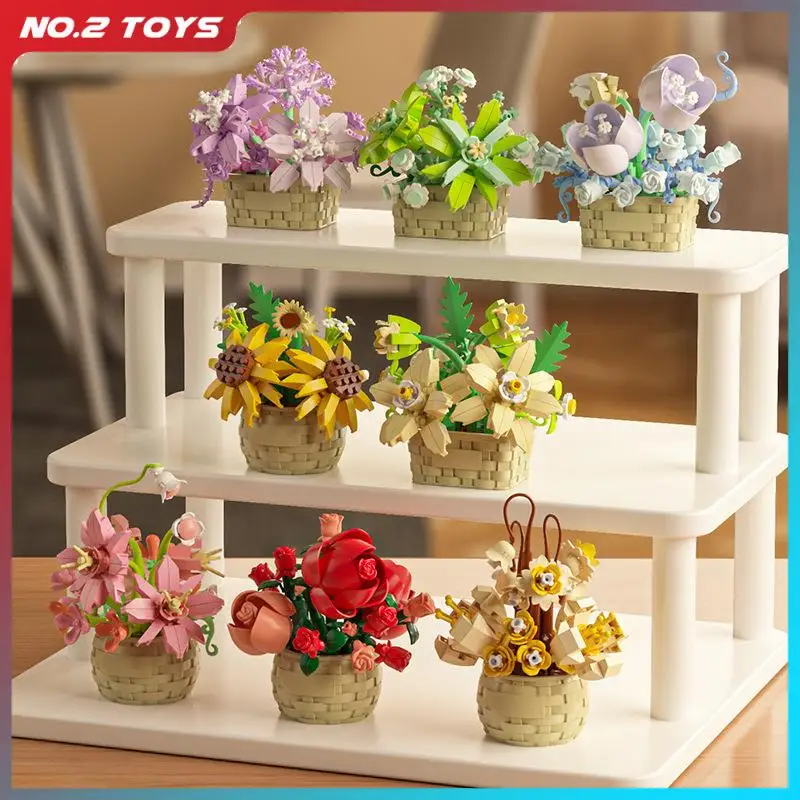 Flower Basket Model Building Blocks Flower Tabletop Decoration Gift Sunflower Rose Tulips Bonsai Plant DIY Creative Block Bricks