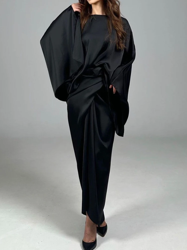 Casual Satin Shawl Irregular Office Two-Piece Set Stylish Vintage Lace-Up Top and Skirt Elegant Bat Wing Sleeve Party Suit