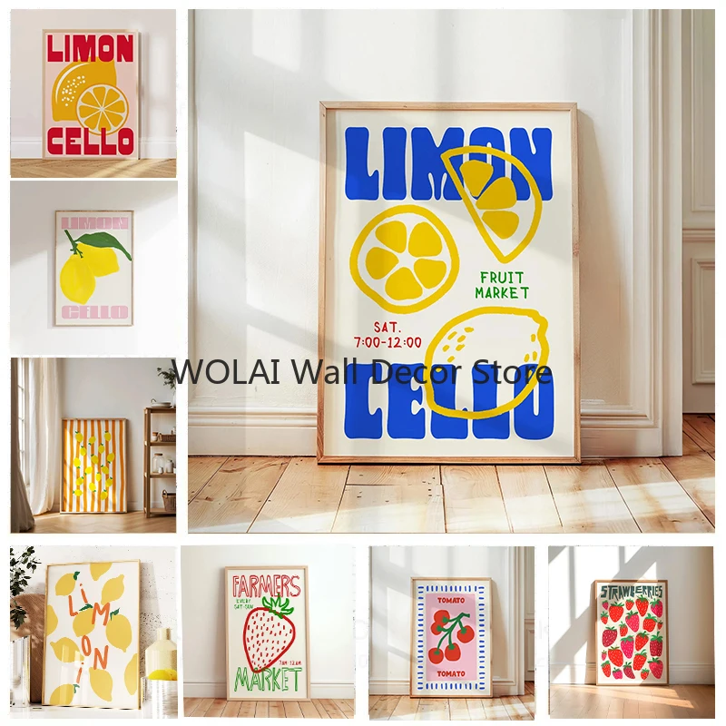 Retro Limón violonchelo limón fruta lienzo impresión Positano limón fresa fruta mercado cartel para dormitorio moderno cocina decoración del hogar