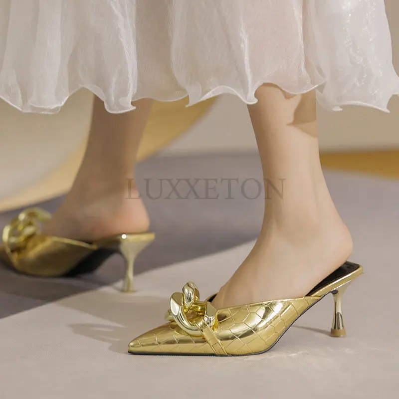 Golden Pointed Toe Patent Leather Low Heel Slippers Pumps Women Baotou Fashion Spring Soft Leather Ladies Kitten Muller Shoes