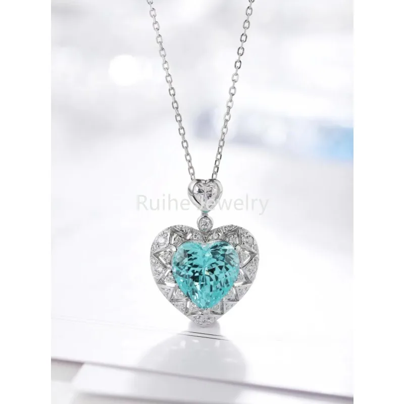 

Ruihe 925 Silver Pendant Necklace for Women 8.49ct Lab Grown Paraiba Gmestone Fine Jewelry for Gift Choker Necklace Wedding