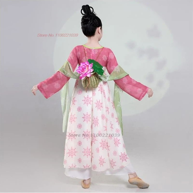 2025年中国風ヴィンテージ子供民族舞踊ドレス民族花柄プリントシフォン漢服ドレス+パンツセットステージパフォーマンスダンスドレス