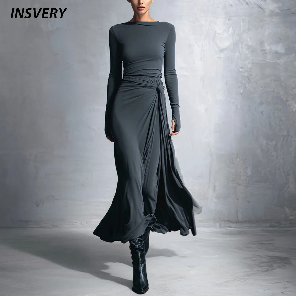 Elegant Long Sleeve Ruched Maxi Dresses For Women Fashion O Neck Slim A-Line Long Dress Women Evening Party Dress