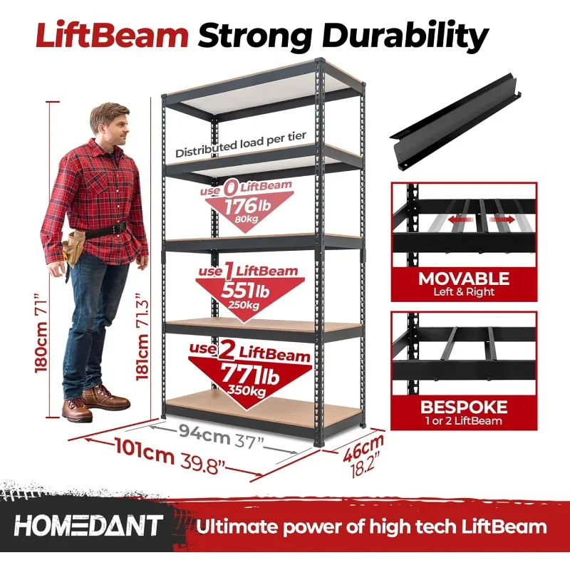 HOMEDANT 5-Tier Laminated Boltless Heavy Duty Metal Shelving Unit Adjustable Garage Storage Utility Rack Shelves