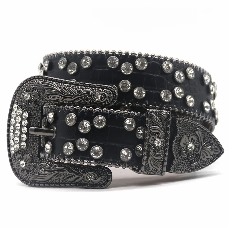 

men fashion punk gothic rhinestone belts print buckle diamond studded belt black trendy soft leather waistband designer strapon