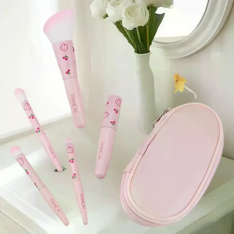 Ensemble de pinceaux de maquillage compacts et mignons, avec étui, brosse Premium pour fond de teint impeccable, Blush, fard à paupières, outils de beauté, 5 pièces