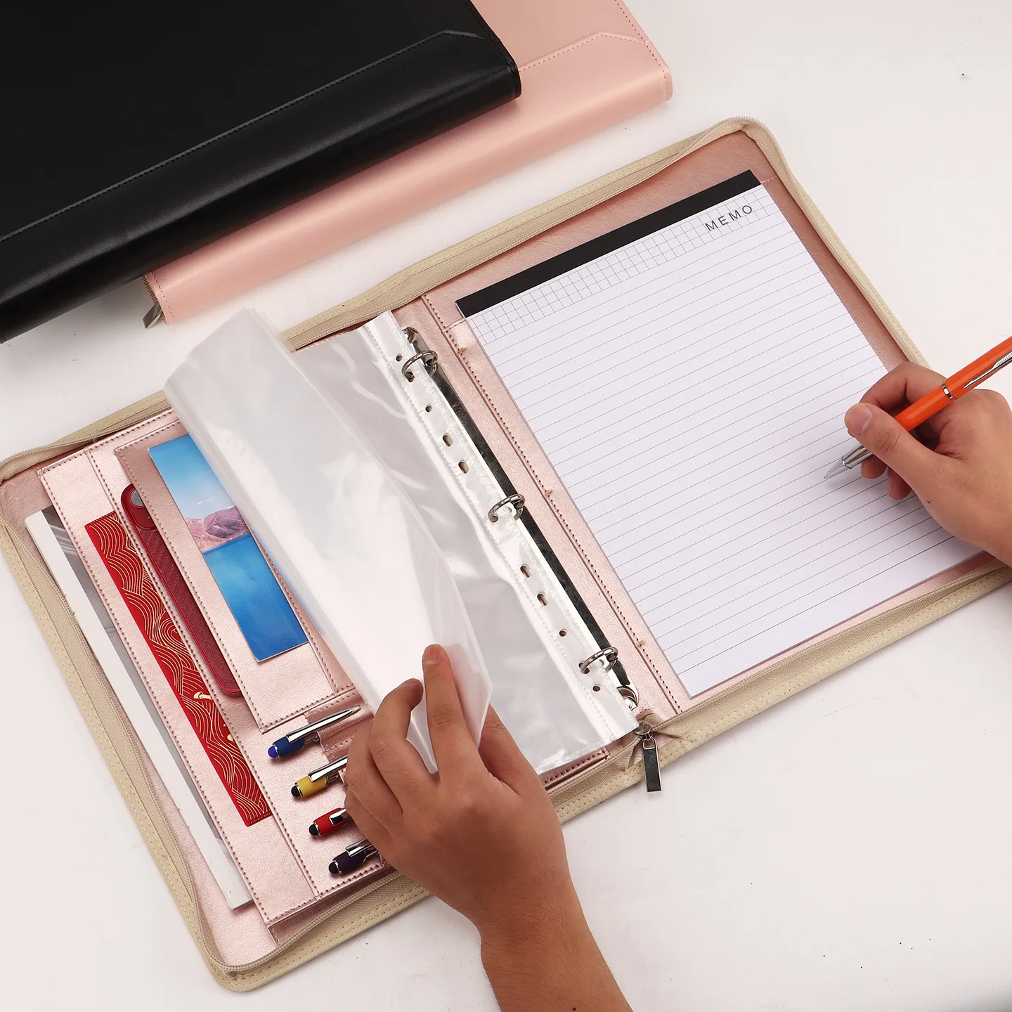 A4 Zipper Binder Portfolio Case with Three Ring Binder, PU Leather Business Manager Folder for Sales Contracts, Sticky Note and