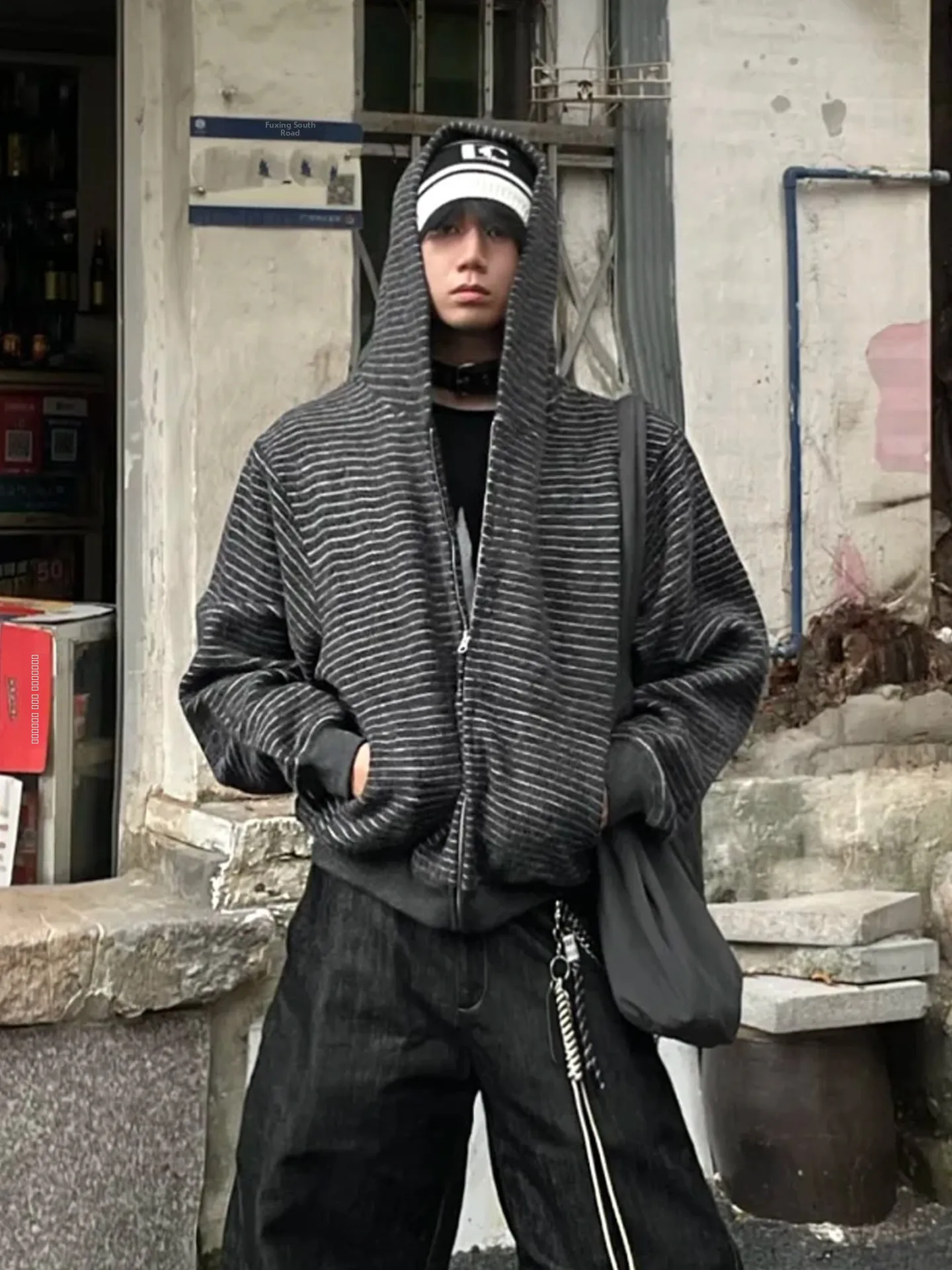 

Laid-back American Retro Fleece Heavyweight Striped Hooded Open Cardigan Sweatshirt Loose Outerwear for Men And Women Autumn ...