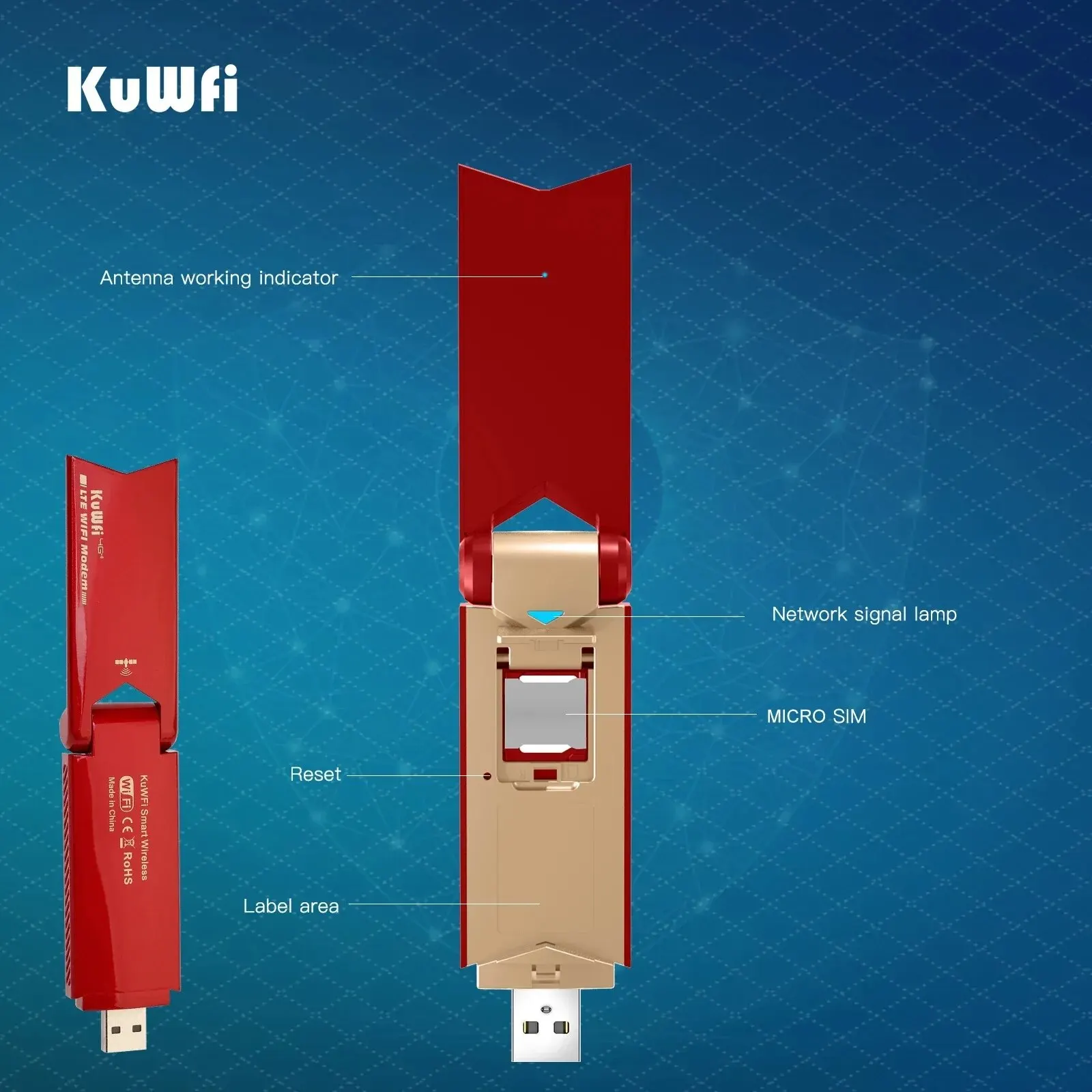 KuWFi 와이파이 모뎀 휴대용 USB 동글 잠금 해제 모바일 무선 어댑터, 핫스팟 미니 라우터, 외부 안테나 포함, 150Mbps, 4G