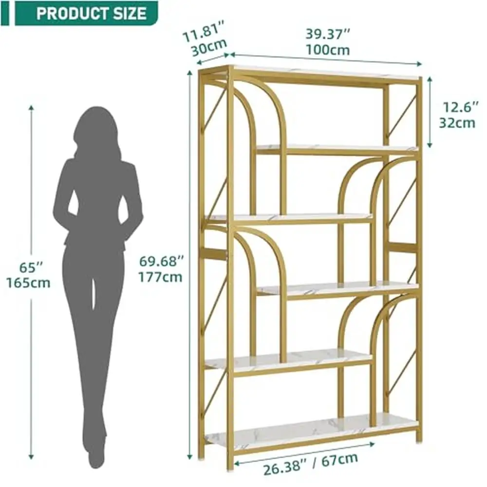 Estantería de mármol de imitación de oro moderno de 6 niveles, estantes de exhibición, marco de madera duradero estable, almacenamiento para sala de estar, dormitorio, biblioteca, comedor