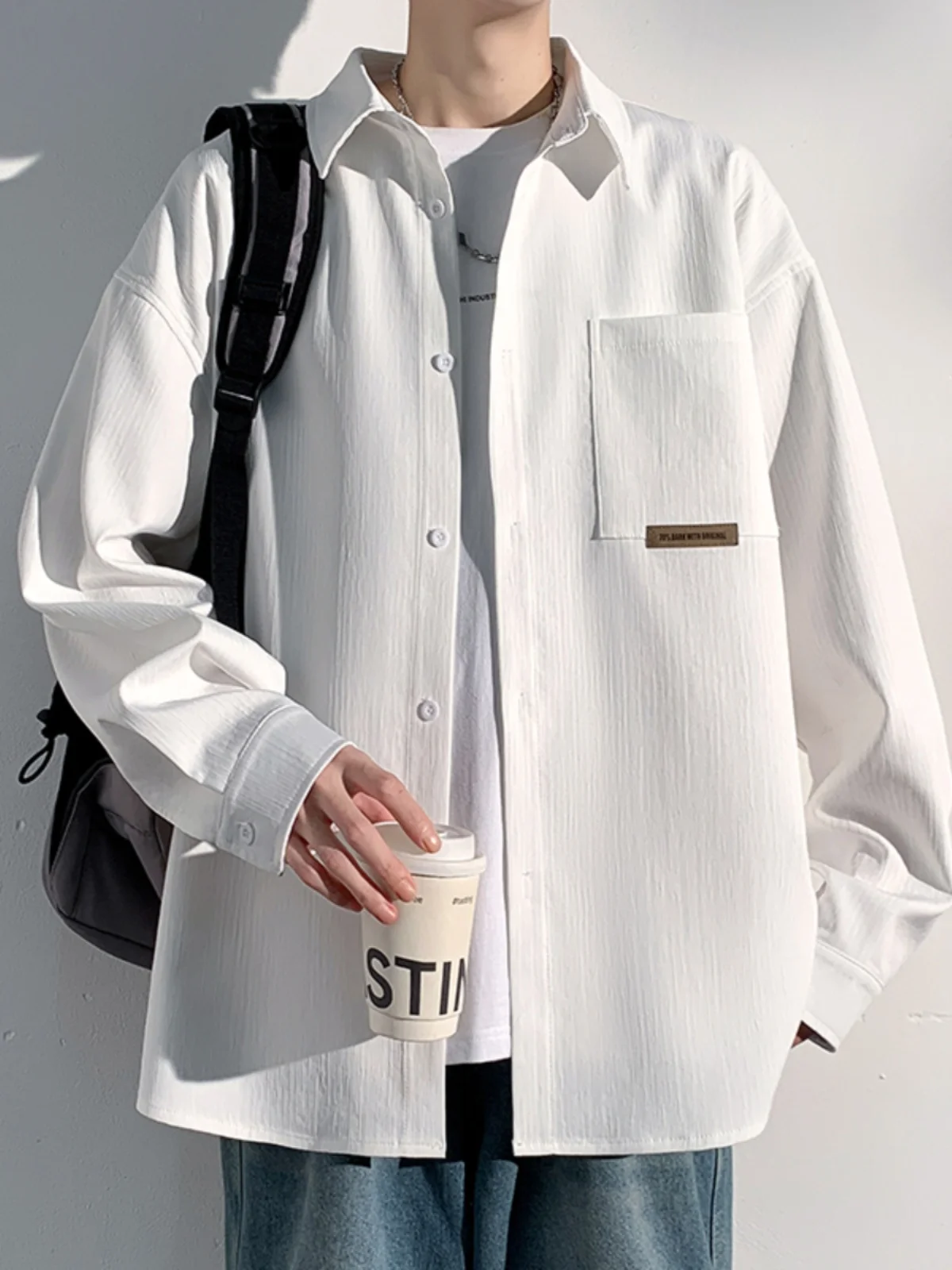 

White Casual Long Sve irt for Men Spring New Sle American Trend Simple Youthful Outerwear Teenage Haome Top