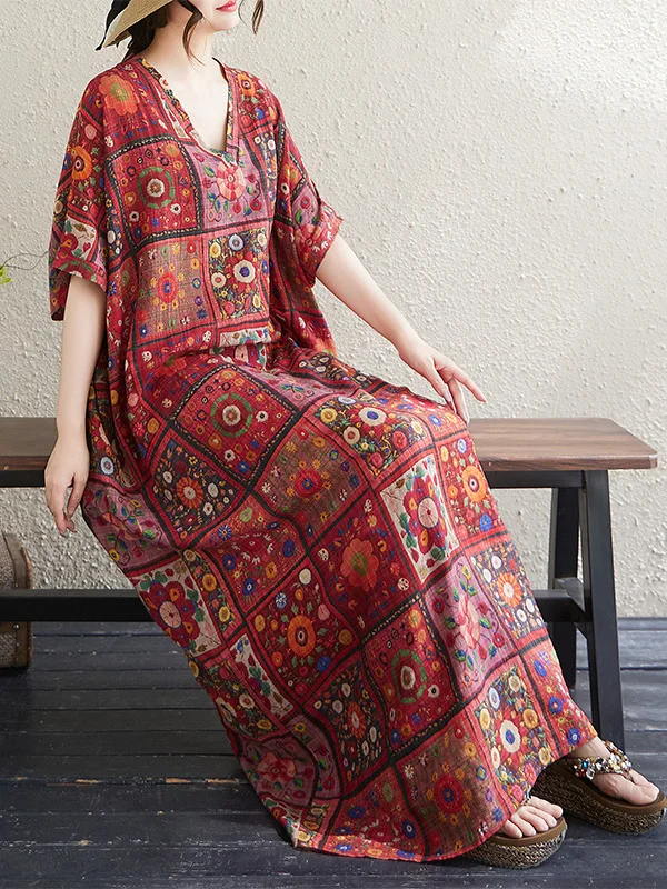 

Summer V-Ne Loose Cotton Linen Beach Skirt Long Soft Material Oversize Holiday Sle Soft Material Knee-Length Robe