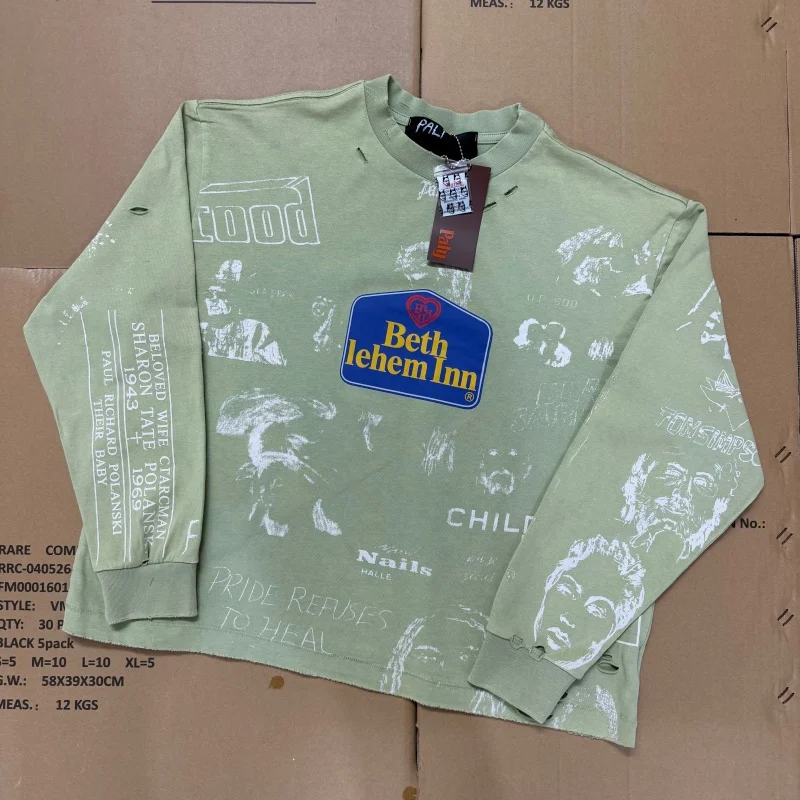 27SS Trend Green Black Paly All-Over Print Distressed Loose Crew Neck Hip-Hop Fall Long-Sleeve T-Shirt