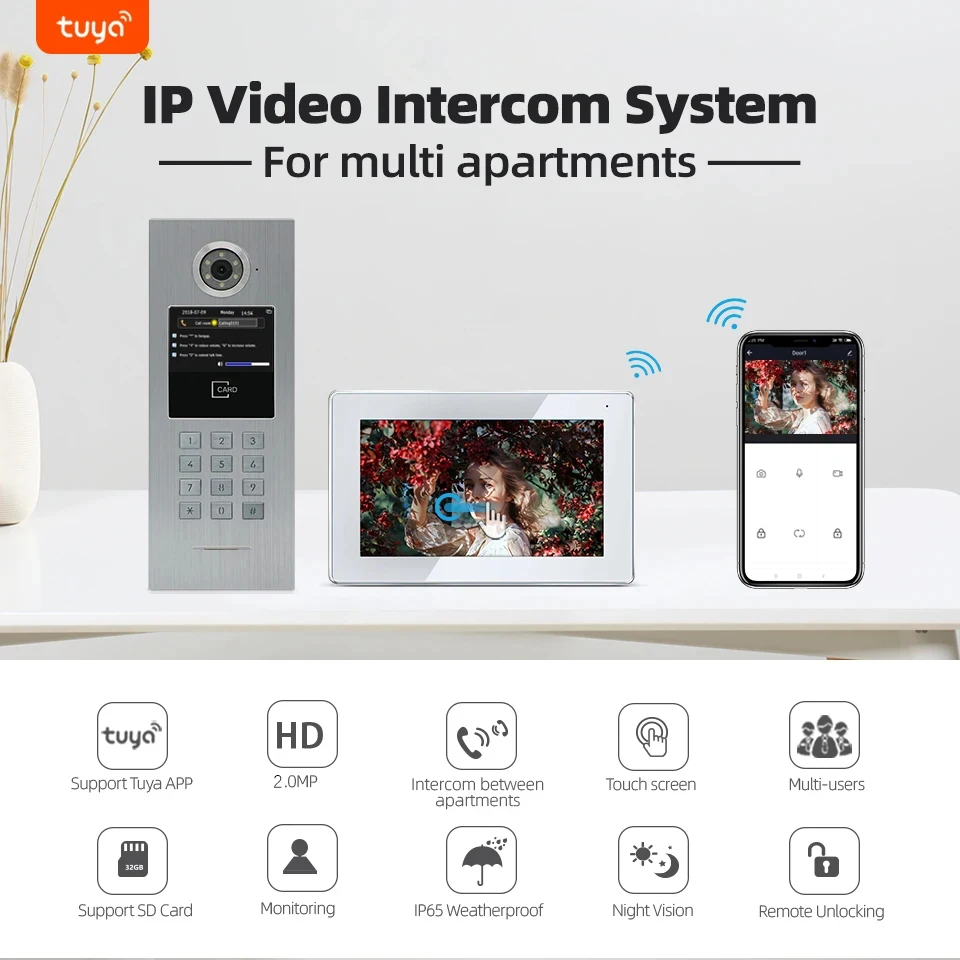 Jeatone-Interphone vidéo Tuya pour système d\'accès à distance à la maison, sonnette avec caméra, interphone vidéo, 1080P, Wi-Fi, 7 pouces