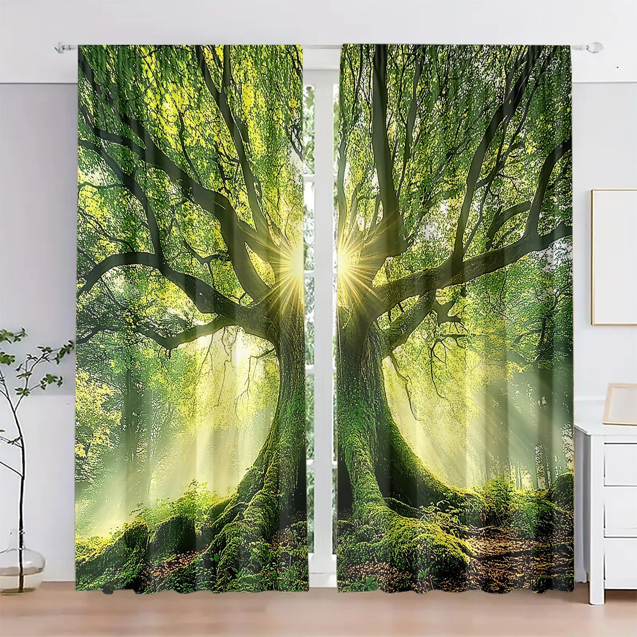 2pcs Sunlight Forest Tree Curtains Green Nature Scenery Living Room Bedroom Home Decor Window Drapes