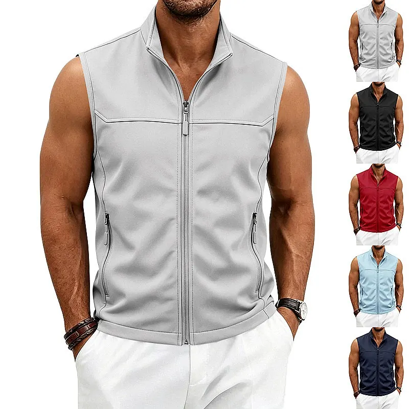 Summer Sleeveless Vest Zipper Hoodie Men Bodybuilding Fitness Training Tank Top Loose Breathable Pocket Vests