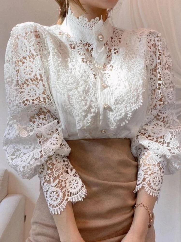 New Autumn Women's Stand-Up Collar Women's Long Sleeve Shirt Elegant Lace Casual Cardigan Large Size Blouse Four Seasons 12419