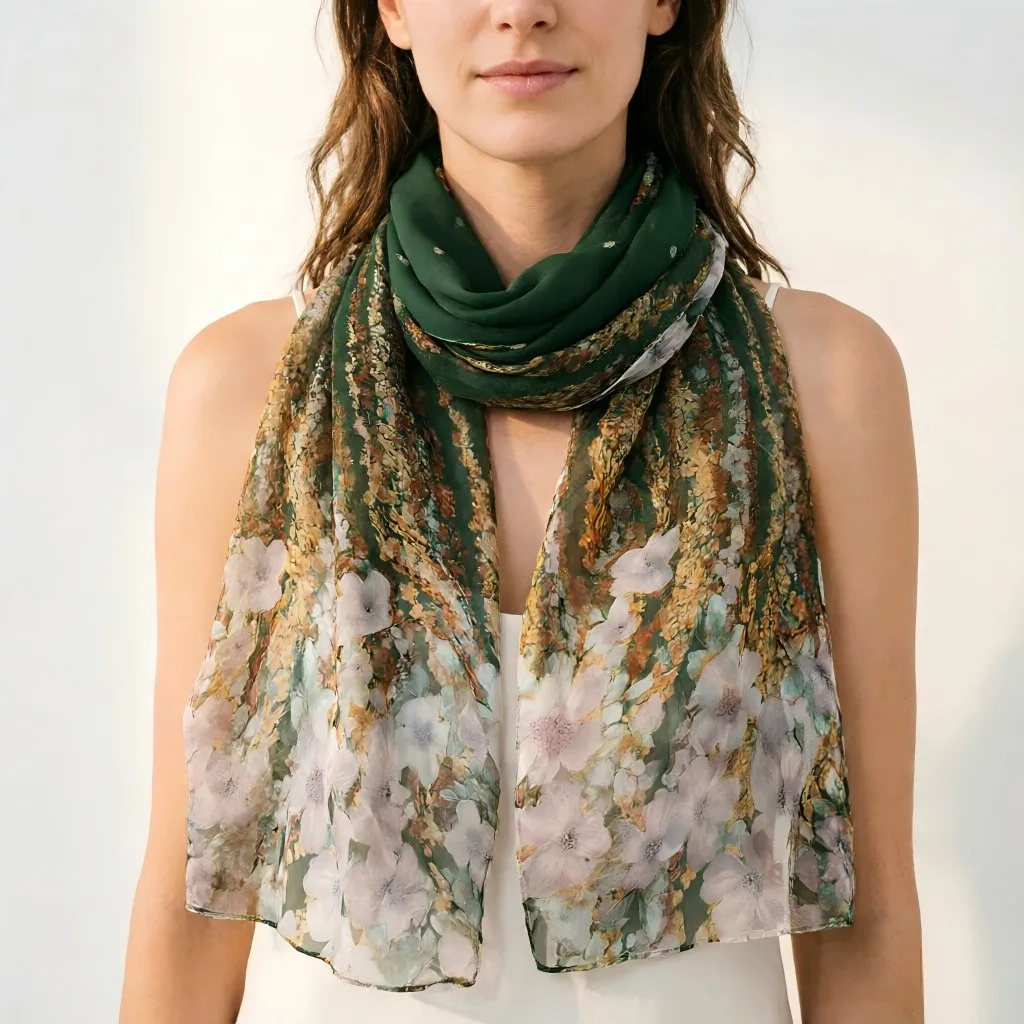 Women's Floral Wisteria Print Chiffon Scarf – Lightweight Summer Shawl, 160cm Long Georgette Wrap, Beach Cover-Up, Sunscreen