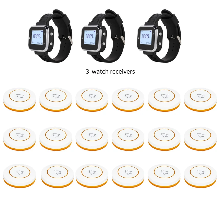 Wireless Service Call System for Restaurants and Nursing Homes Nurse Call System: 18 Call Buttons + 3 Wristwatch-Style Receivers