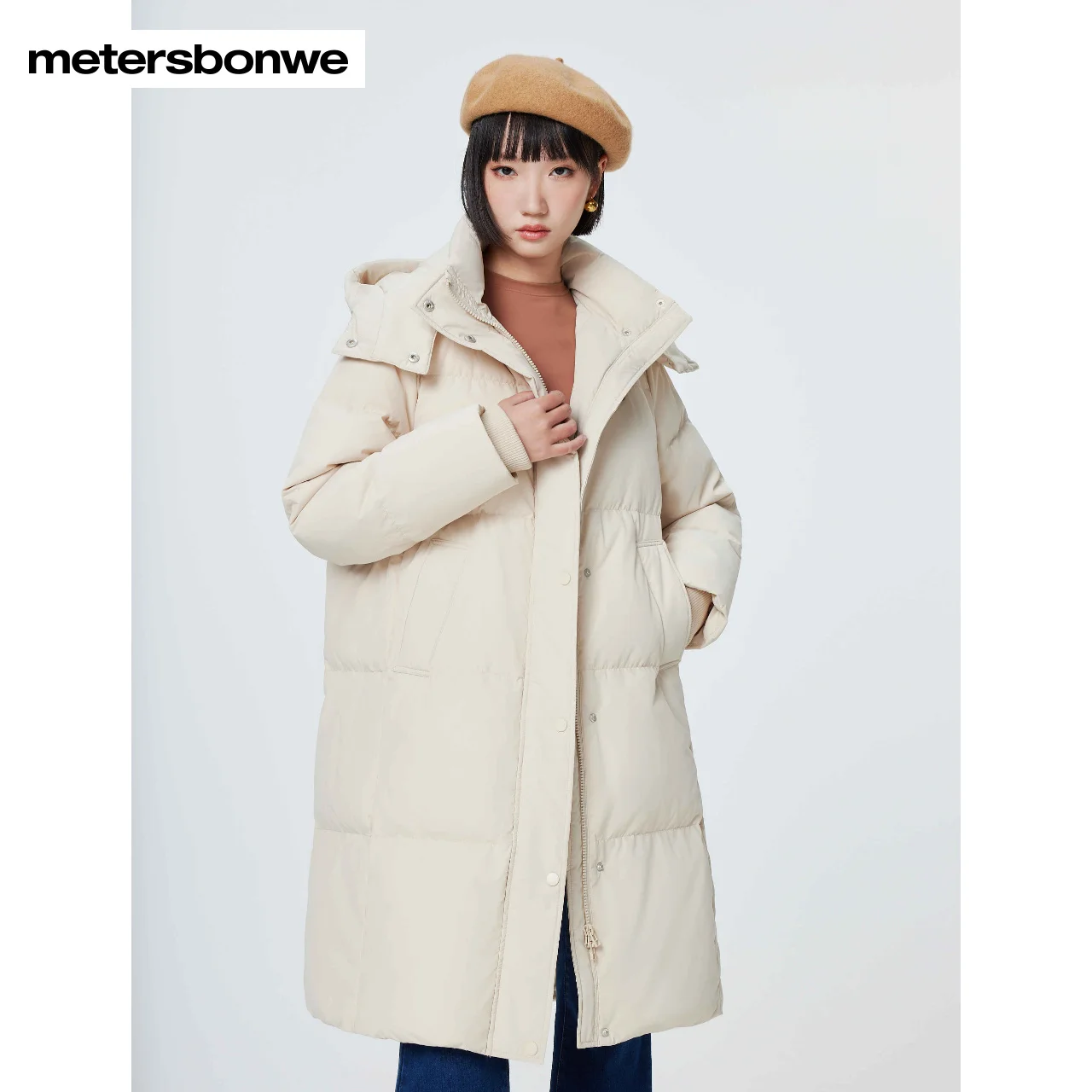 Metersbonwe-Jaqueta longa com capuz feminino, casaco grosso de inverno, casacos quentes, casacos brancos casuais, moda feminina, novo, 2023