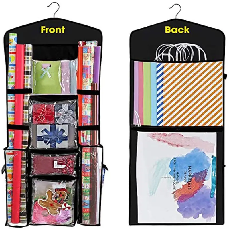 Large 8 Pockets Hanging Gift Wrap Organizer Holde rDouble Sided Wrapping Paper Storage Bag  Bows Ribbons Storage Bag