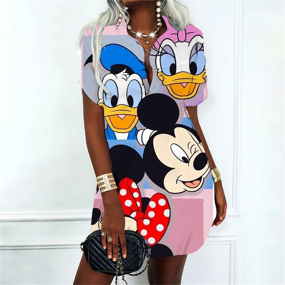 Summer Fashion Lilo & Stitch Fashion Polo Shirts Mini Dress Dresses for Women 2024 V Neck New Y2k Album Sexy Elegant Party Su