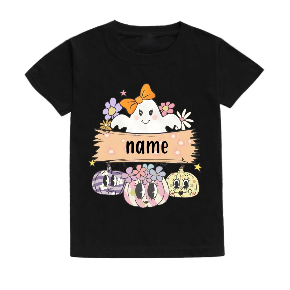 Custom Name Ghost&Pumpkin Print Kid T-shirt Casual Short Sleeve Child Tee Tops Personalized Halloween Party Childs Clothes