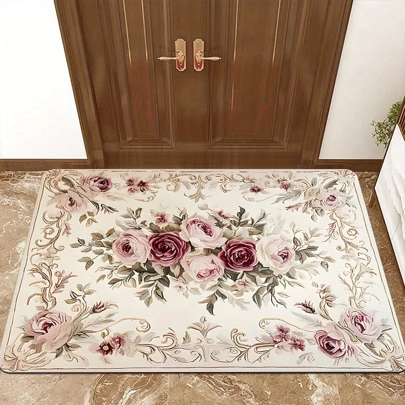 1 Elegant Floral Welcome Mat - Indoor/Outdoor Doormat with Pink and Red Rose Design for Entryway, Kitchen, Machine Washable
