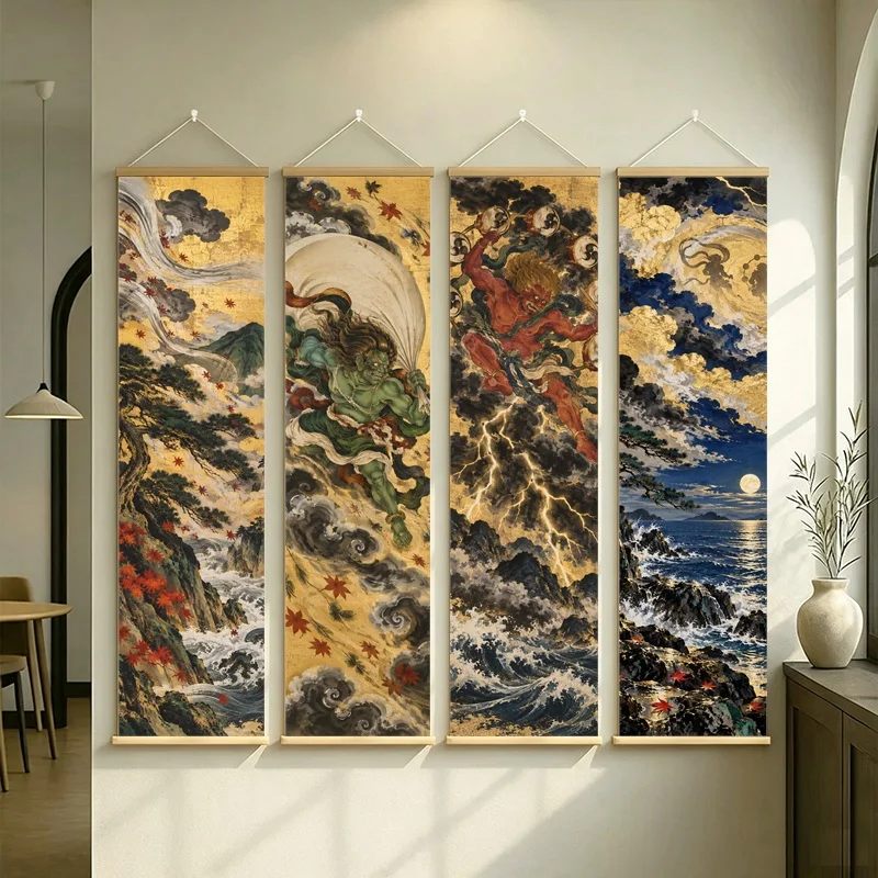 Japanese Crane Wall Art with Swirling Waves, Clouds and Floral Motifs on Silver Shimmer Canvas for a Dramatic Hotel Lounge