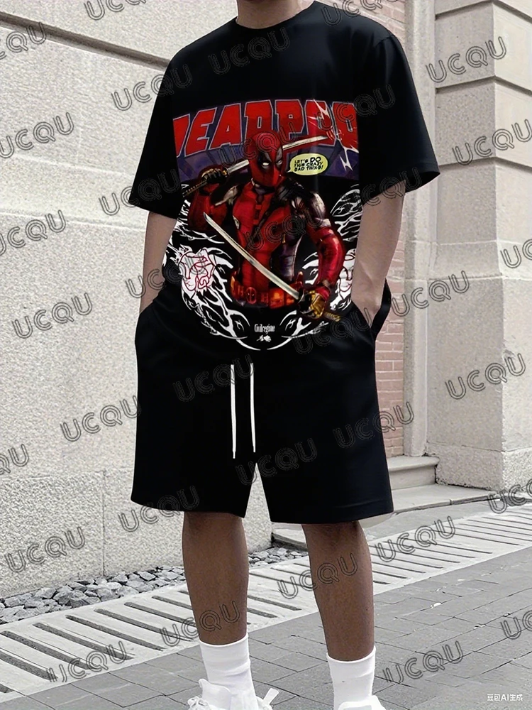 

Футболки с принтом Marvel Deadpool, шорты, костюмы, новые летние спортивные костюмы, комплекты для мужчин, повседневные костюмы, уличная одежда большого размера, мужская одежда