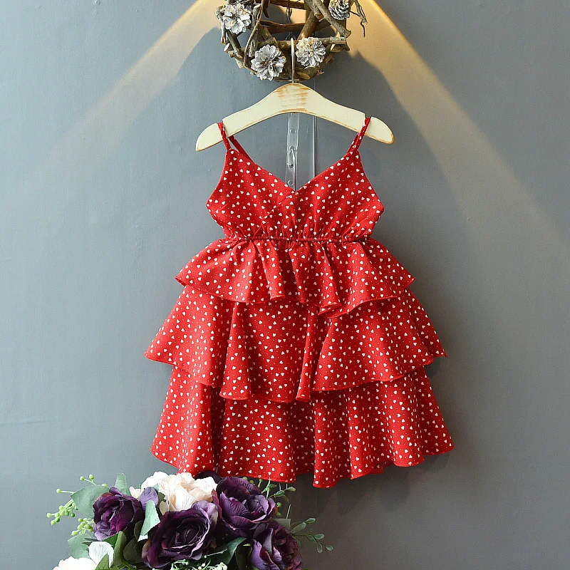 Children Girls Polka Dot Little Love Suspender Dress 2024 New Summer Baby Girl Chiffon Red Cake Dresses