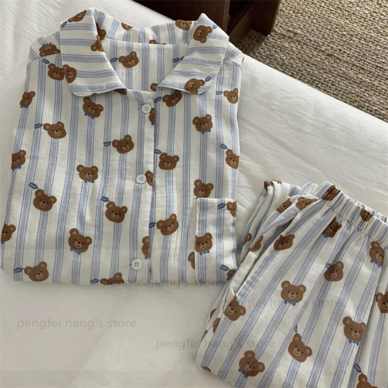 

Blue Striped Bear Sleepwear Autumn New Cotton Pijamas De Mujer Kawaii Loungewear Lady Nightwear Long Sleeve Home Clothing