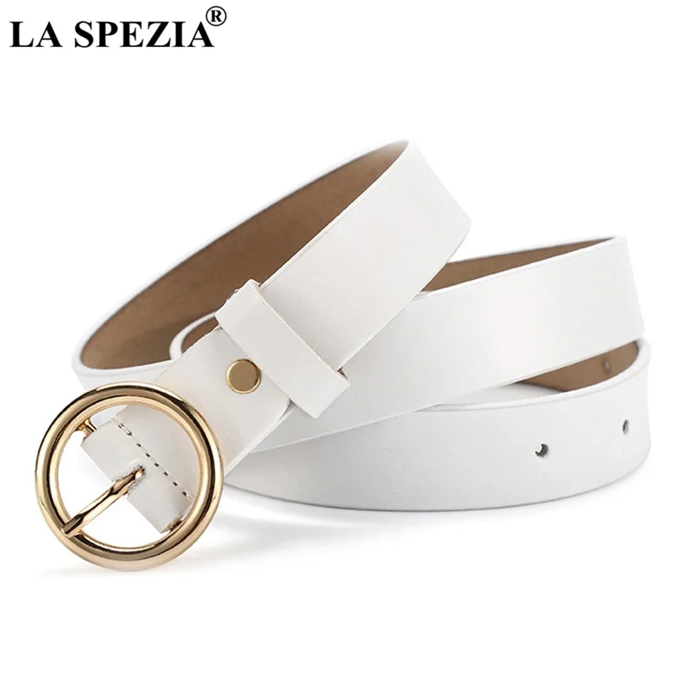 

LA SPEZIA White Woman Belt Circle Real Leather Pin Buckle Belt Ladies Round Genuine Leather Cowhide Fashion Female Brand Belts