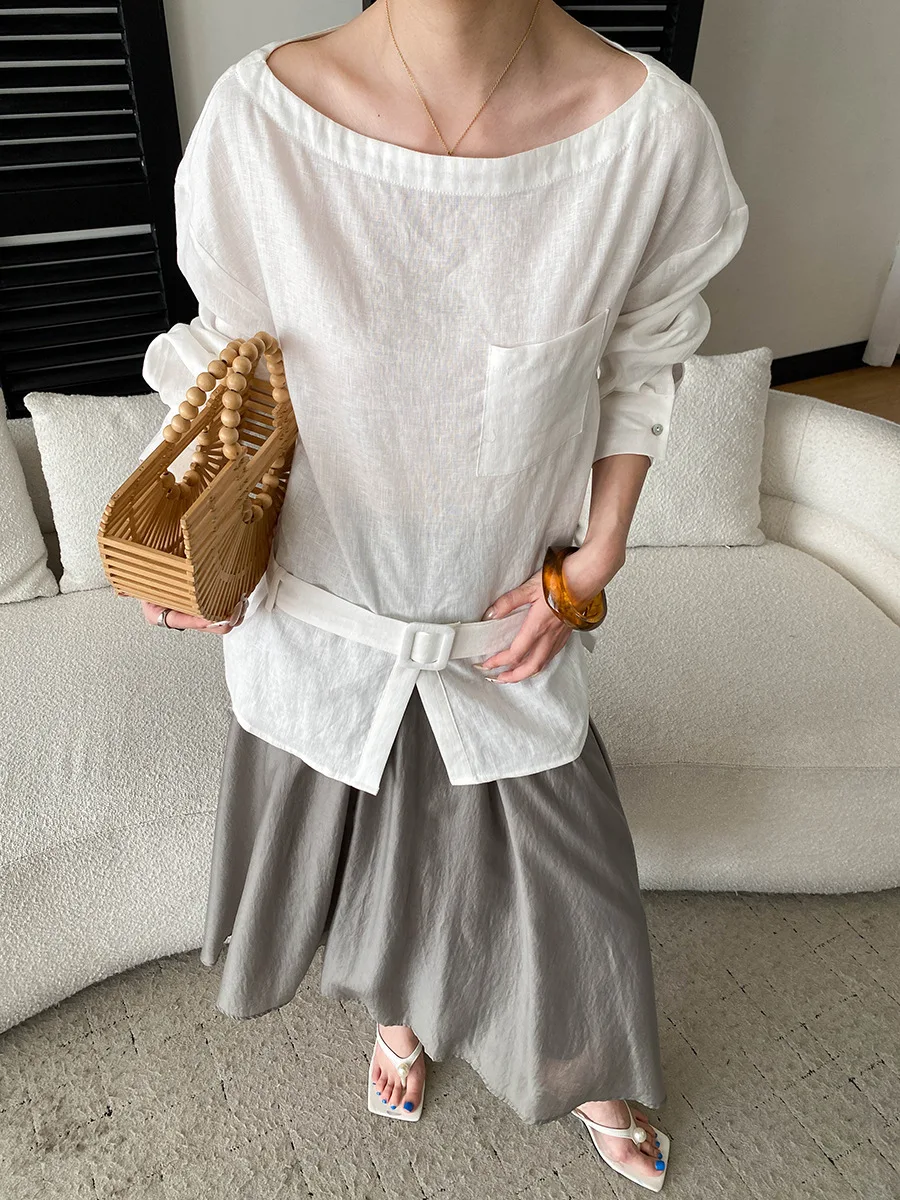 Frühlings- und Sommerbluse für Damen, einfarbig, mit Taillengürtel, langärmlig, im Commuter-Stil. – Detail 14