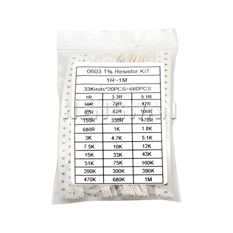 

660pcs/Lot 0603 0805 1206 0402 0201 1% SMD Chip Resistor Assorted Kit 1R - 1M Ohm 33valuesX20pcs Resistance Sample Set
