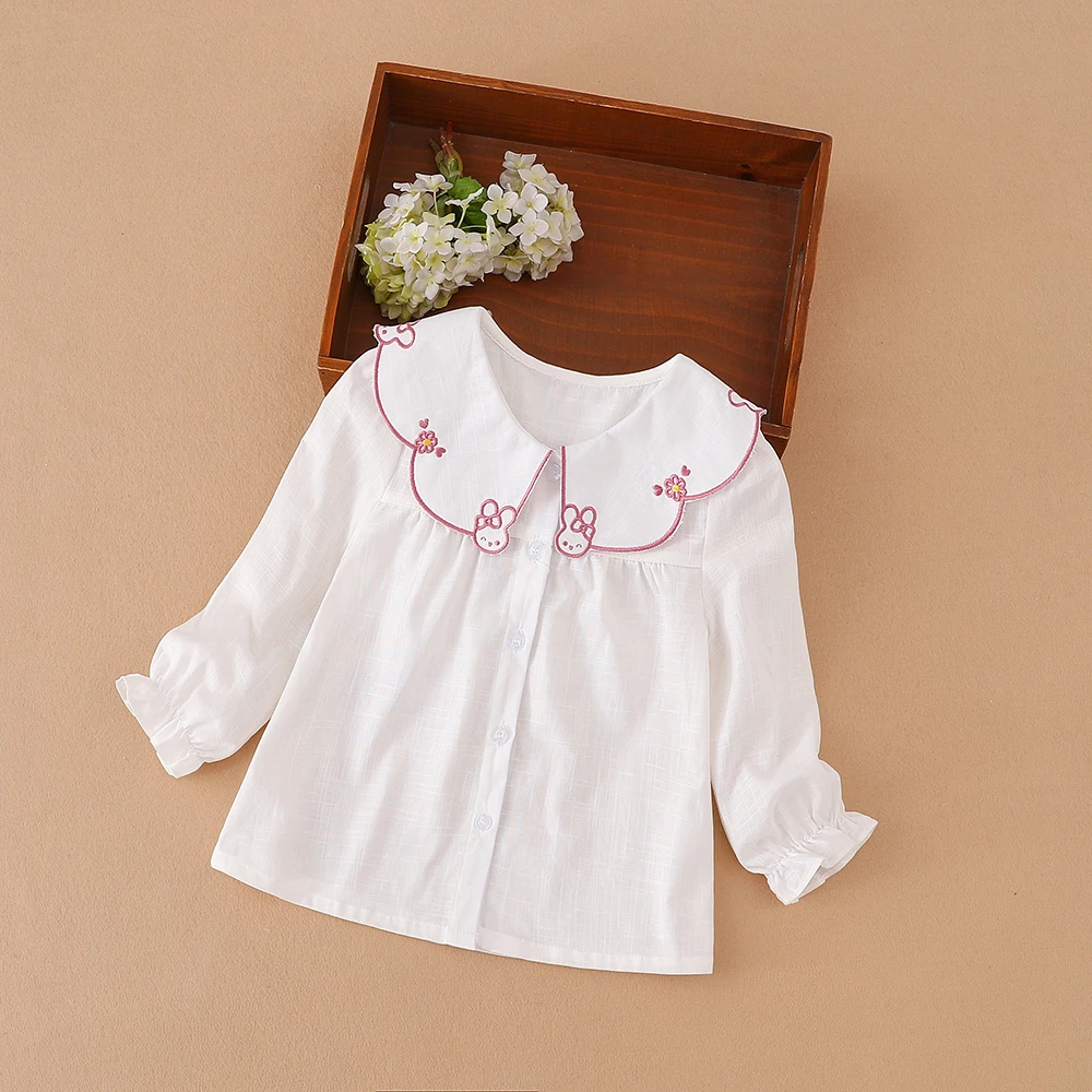 Girls Shirt 2025 Spring Autumn Baby Kids 100% Cotton Long Sleeved Clothes Cute Rabbit Embroidered Tops For 2-6 Years