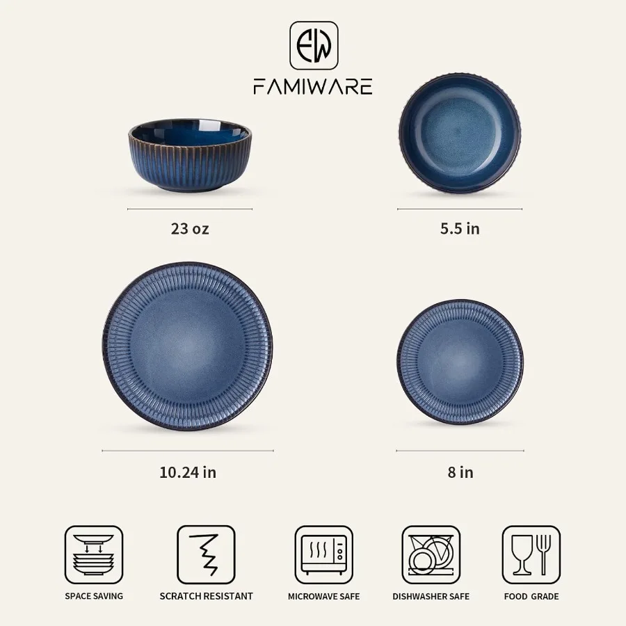 Starlight Dinnerware Sets Plates and Bowls Dish Set of 4 12 Pieces for Home Dining Ribbed Textured Tableware with Stylish Starr