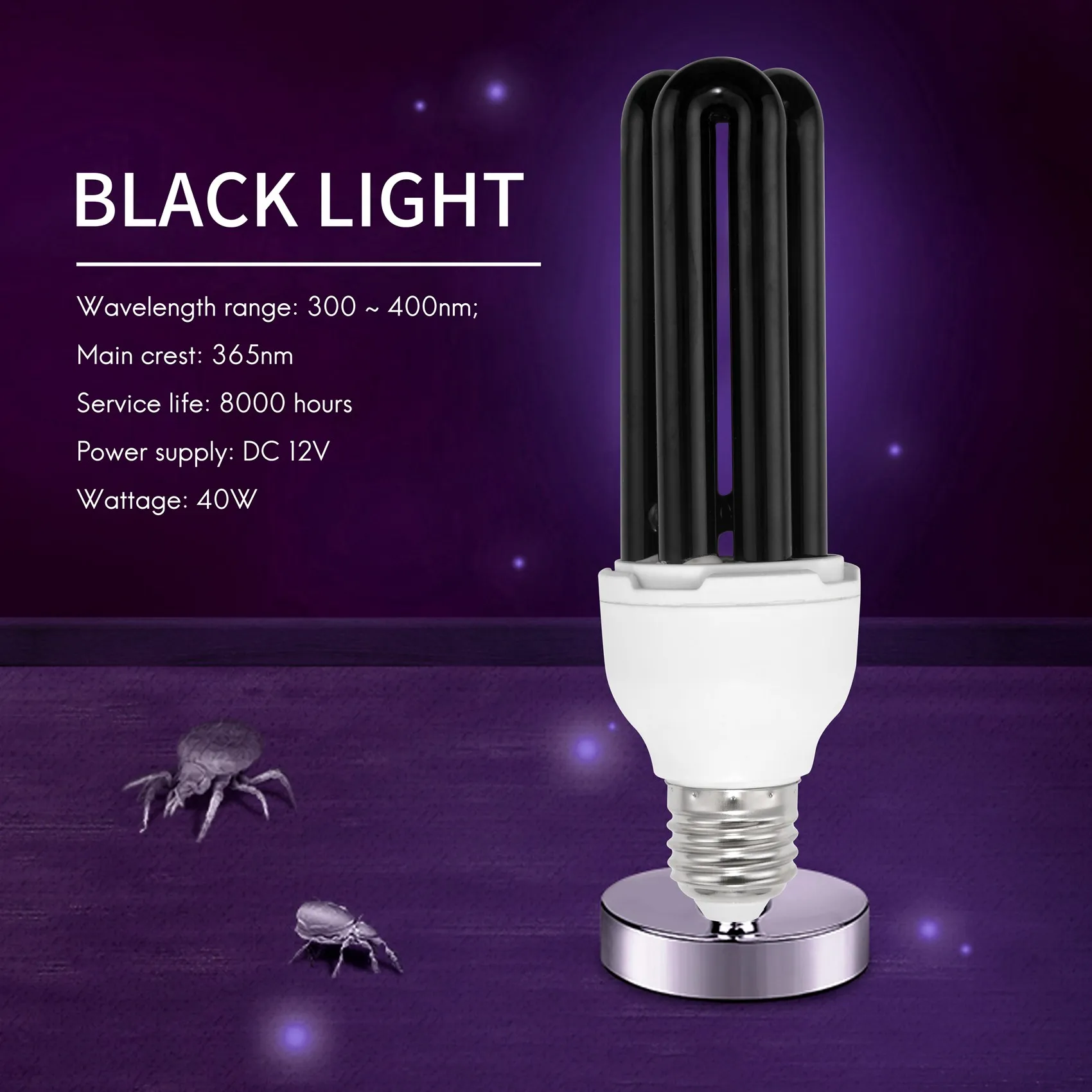 Bombilla de luz ultravioleta fluorescente, lámpara CFL E27, 40W, UV, 220V, forma: recta, voltaje de potencia: 40W, cc 12V