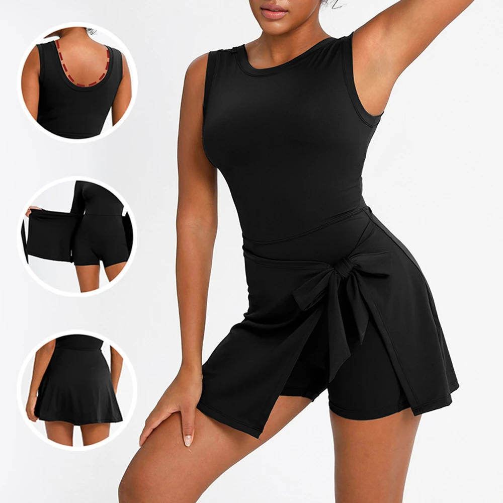 

Women's 2-in-1 Skort Tennis Dress Slim-Fit Tie-Waist U-Back,Anti-Exposure Built-in Shorts,Sports Activewear For Yoga Workout