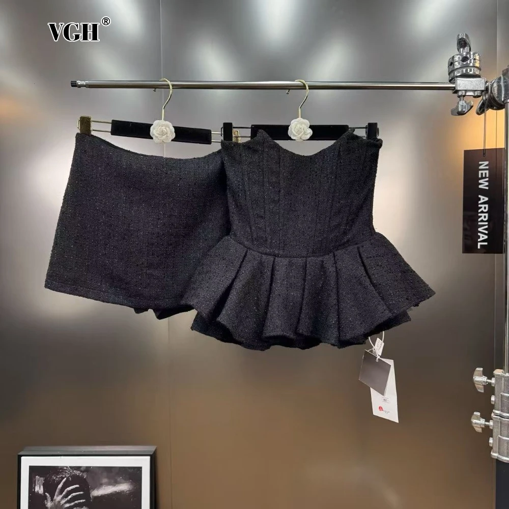 

VGH Spliced Lace Two Piece Set for Women Strapless Sleeveless Spliced Bandage Top with Short Skirt French Hotsweet Suit Female