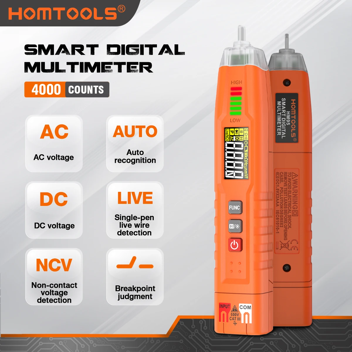 Multímetro Digital Tipo Lápiz HOMTOOLS HM95 2026, Probador de Voltaje CA/CC, Multímetro Inteligente con NCV, Secuencia de Fase y Auto Ranging