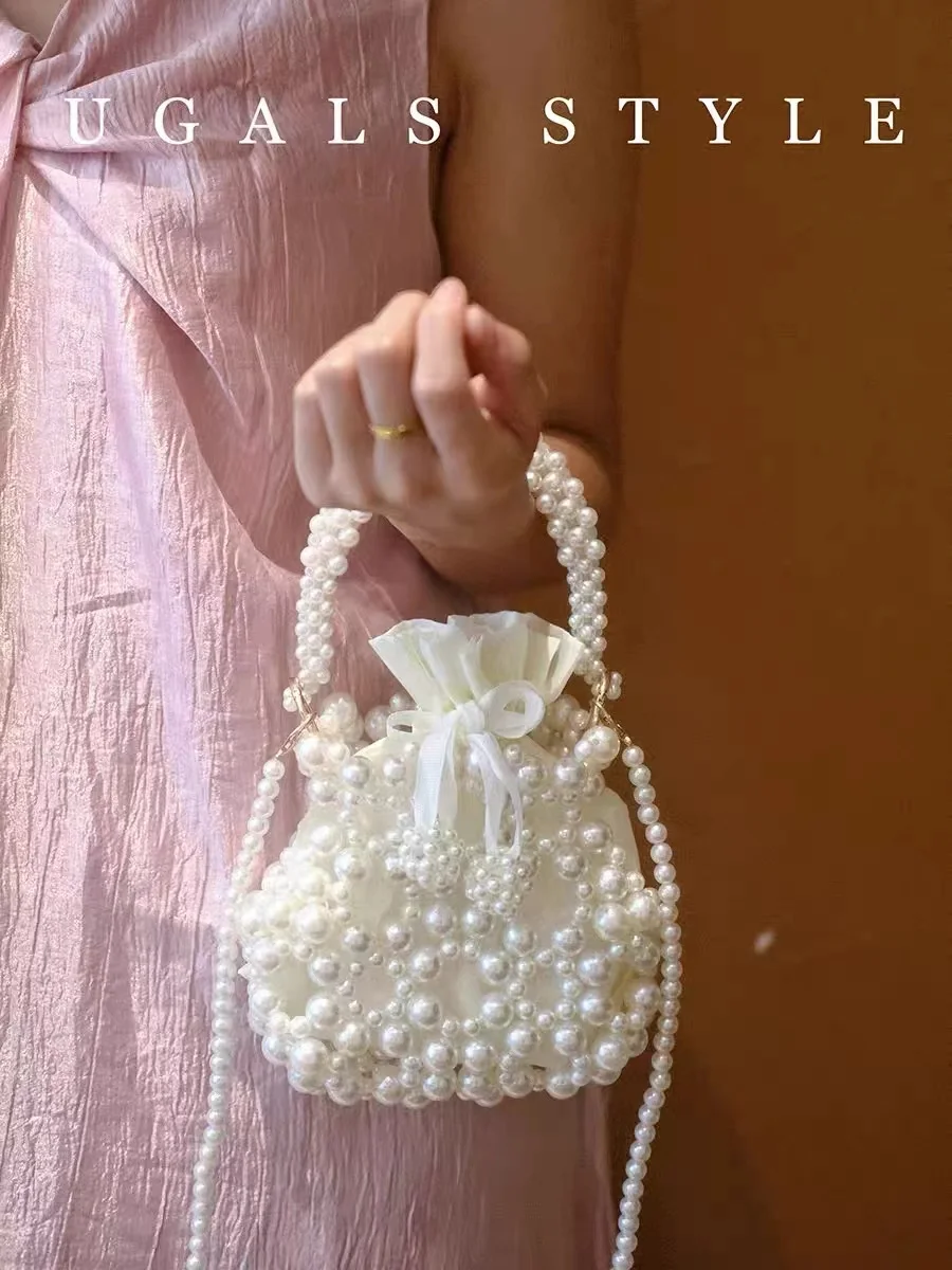 Fashion Pearl Beading Woven Handmade Women's Handbag Beads Beaded Evening Bag Wedding Party Clutch Purse Shoulder Crossbody Bag