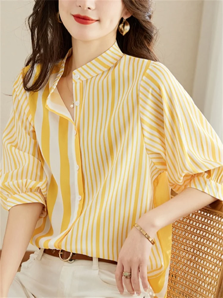 #3227 Yellow Vertrical Striped Shirts Women Stand Collar Sexy Three Quarter Sleeve Womens Tops And Blouses Thin Loose Summer