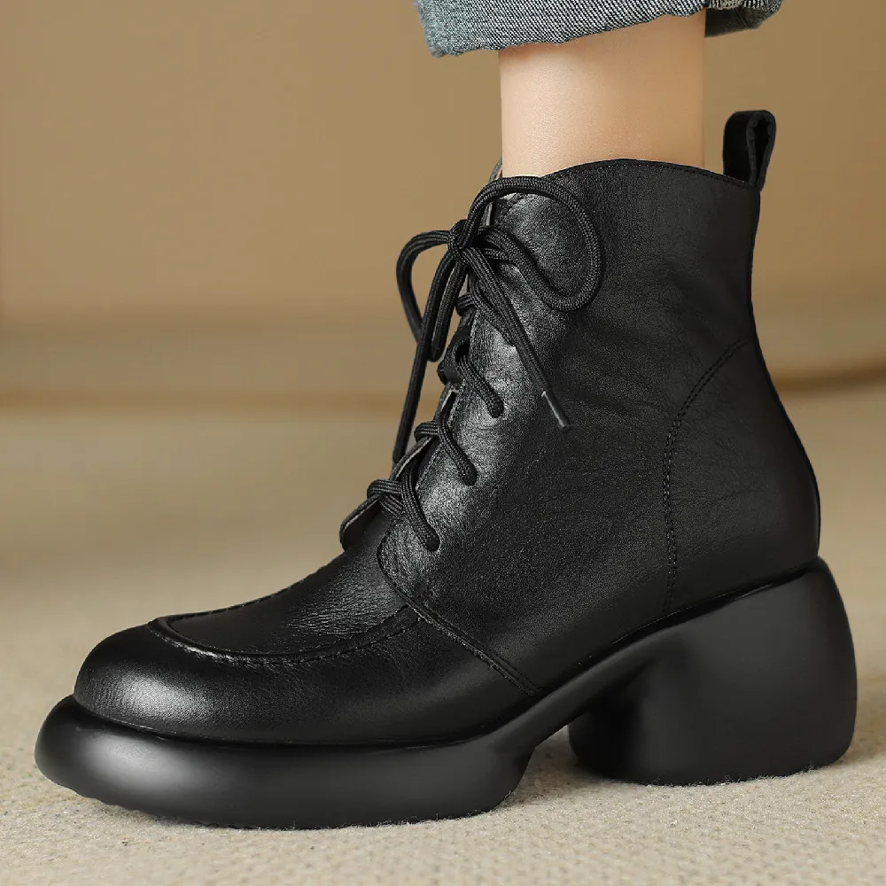 

Women's genuine leather chunky heel platfor mlace-up autumn motorcycle boots round toe casual female punk short booties shoes 40