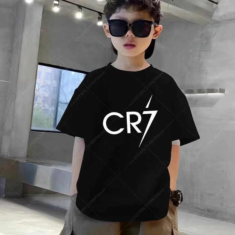 Ronaldo Football Star Printed Children's Clothing Kids Summer Short-sleeved Boys Girls Black Cotton T-shirt Sportswear Tops Teen